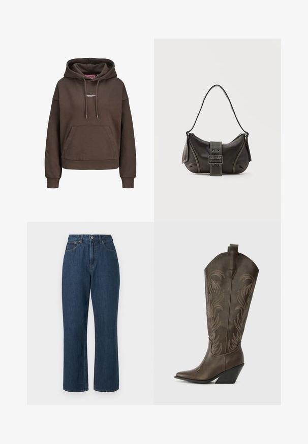 Brauner übergroßer Hoodie mit vorderer Kängurutasche, verstellbarer Kapuze mit Kordelzug, gerippten Bündchen und kleinem weißen "XX STUDIO"-Logo auf der Brust.; Blaue Jeans aus Denim mit hoher Taille, weitem Schnitt, sichtbaren Nähten und einer einzelnen Frontknopfverschluss. Strukturierter Stoff mit einer glatten Oberfläche.; Braune Leder-Cowboystiefel mit einer spitzen Zehe, Wedge-Absatz und dekorativer Stickerei. Besitzt einen hohen Schaft und eine Zuglasche.; Schwarze Leder-Schultertasche mit Schnallengurt-Detail, abgerundeten Kanten und kontrastierenden weißen Nähten auf schlichtem Hintergrund.