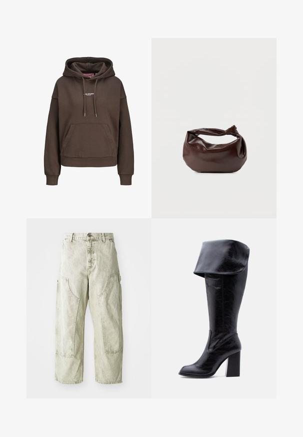 Brun oversized hættetrøje med forlommekænguru, justerbar snøre i hætten, ribkant ved ærmerne og lille hvid "XX STUDIO" logo på brystet.; Lys grønne capribukser i cargo-stil lavet af denim, med store sidelommer, knap- og lynlåslukning samt synlige syninger.; Høj sort læderstøvle med hæl, foldet kant og rund tå, stående oprejst på en hvid baggrund.; Mørkebrun læder skuldertaske med en blød, afslappet form og et snoet knudehåndtag på en ensartet hvid baggrund.