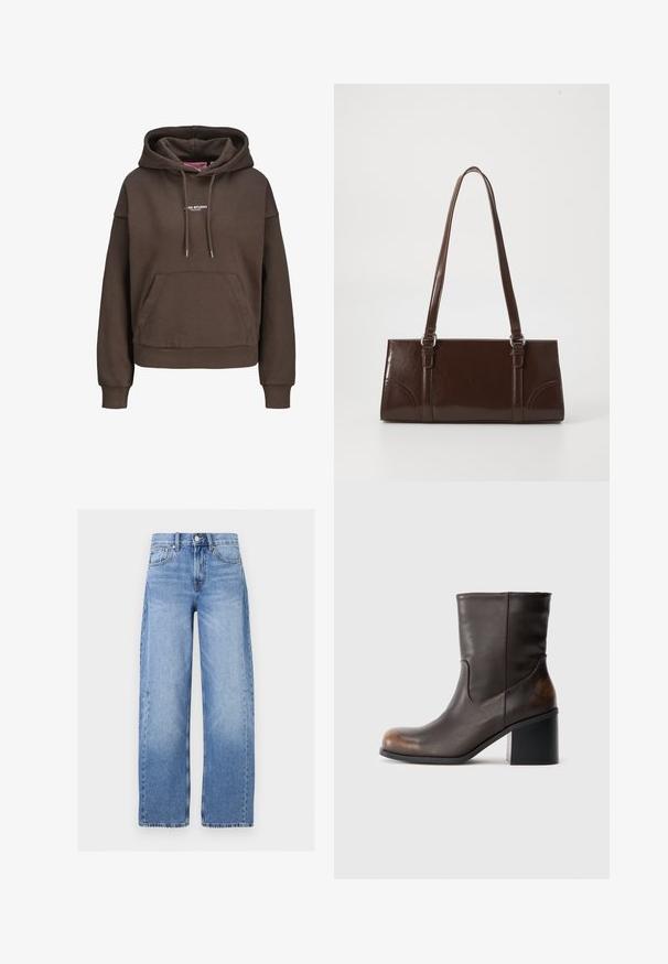 Bruine oversized hoodie met voorzak, verstelbare capuchon met trekkoord, geribbelde manchetten en een klein wit "XX STUDIO" logo op de borst.; High waist, lichtblauwe denim jeans met brede pijpen, voorkant met knoop en rits, riemlussen en vijfzakkenstijl.; Donkerbruine leren laars tot halverwege het kuit met een ronde neus en blokhak, met subtiele slijtageplekken op de neus en hak.; Bruine lakleren handtas met een rechthoekige vorm, twee lange handvatten en subtiele gebogen accenten aan de voorkant.