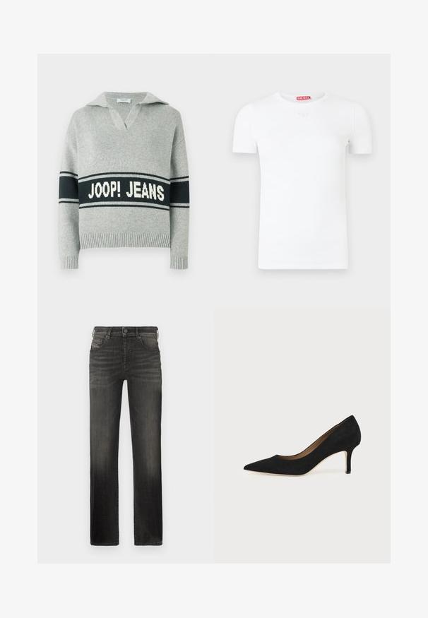Pull en maille gris clair avec une large bande noire et le texte blanc "JOOP! JEANS" sur la poitrine, col ouvert, poignets et ourlet côtelés.; T-shirt blanc à manches courtes avec un col rond, une texture côtelée et un petit logo circulaire sur la poitrine. Étiquette de la marque rouge au dos.; Jean en denim noir à jambes droites, avec un effet délavé, cinq poches et une fermeture à bouton métallique à la taille.; Escarpin en daim noir à bout pointu avec un talon stiletto fin de hauteur moyenne et un design à coupe basse sur un fond uni.