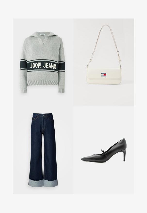 Svetlosivý pletený sveter so širokým čiernym pruhom a bielym nápisom "JOOP! JEANS" cez hruď, otvorený golier a rebrované manžety a lem.; Široké tmavé džíny z denimu s rozstrapkaným svetlým denimovým lemom. Obsahujú klasický štýl s piatimi vreckami a kovovú hardvér na páse.; Čierna kožená lodička s špicatou špičkou, tenkým remienkom a prackou cez priehlavok, stojaca na neutrálno svetlom pozadí.; Biela koženka cez plece s dlhým popruhom, so zatváraním na magnet a modro-červeno-bielou nášivkou loga na prednej strane.