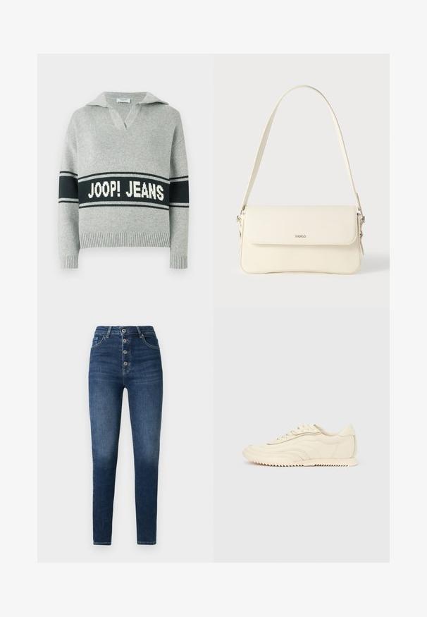 Lysegrå striktrøje med bred sort stribe og hvid "JOOP! JEANS" tekst over brystet, åben krave samt ribstrikkede manchetter og kant.; Højtaljede blå denimjeans med en tætsiddende silhuet, der har fem knapper og subtile slidmærker på benene. Klassisk fem-lomme design.; Lavprofileret sneaker i cremefarve med bølget syning, snørebånd og en rilleret sål, vist fra siden på en ensfarvet baggrund.; Cremefarvet læder skuldertaske med flaplukning, sølvfarvet beslag, en enkelt justerbar rem og diskrete logodetaljer.