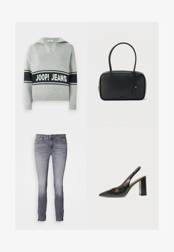 Pull en maille gris clair avec une large bande noire et le texte blanc "JOOP! JEANS" sur la poitrine, col ouvert, poignets et ourlet côtelés.; Jean en denim gris avec une coupe slim, présentant une texture délavée et des ourlets zippés. La taille comprend un bouton et des passants de ceinture.; Chaussure slingback en cuir noir à bout pointu avec un talon bloc et un petit logo sur le côté, sur un fond blanc uni.; Sac à main rectangulaire noir avec doubles poignées arrondies, fermeture éclair dorée et logo "HUGO" embossé sur le devant avec une étiquette en cuir attachée.
