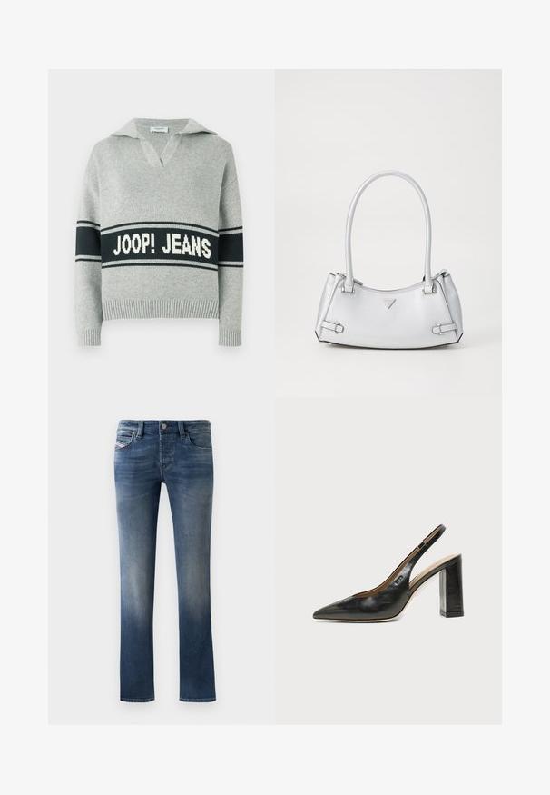 Pull en maille gris clair avec une large bande noire et le texte blanc "JOOP! JEANS" sur la poitrine, col ouvert, poignets et ourlet côtelés.; Jean en denim bleu foncé avec une coupe droite, présentant des détails de décoloration légère sur les cuisses et un style classique à cinq poches.; Chaussure slingback en cuir noir à bout pointu avec un talon bloc haut et une doublure intérieure beige sur un fond clair uni.; Sac à main argenté avec un design structuré, doté de deux poignées, d'une texture brillante, de quincaillerie accentuée et d'un logo triangulaire sur le devant.