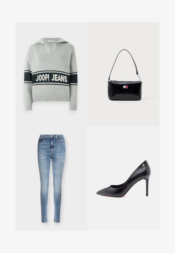 Pull en maille gris clair avec une large bande noire et le texte blanc "JOOP! JEANS" sur la poitrine, col ouvert, poignets et ourlet côtelés.; Jean slim en denim bleu avec fermeture avant par boutons et zip, design cinq poches et légère décoloration sur les cuisses et les genoux.; Escarpin en cuir noir à talon haut avec un bout pointu, présentant un design ajouré et un petit logo doré sur le talon.; Sac à bandoulière rectangulaire noir avec une courte sangle et le logo Tommy Jeans en rouge, blanc et bleu au centre avant.