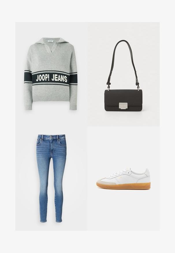 Lysegrå striktrøje med bred sort stribe og hvid "JOOP! JEANS" tekst over brystet, åben krave samt ribstrikkede manchetter og kant.; Blå stramme jeans lavet af denim med en falmet finish, som har fem lommer, bæltestropper og en knaplukning i taljen.; Hvide lædersneakers med beige ruskindsdetaljer, gummisål og snøredesign. Har diskret branding i guld.; Sort læderhåndtaske med en tekstureret overflade, rektangulær form, sølvhardware og en aftagelig dobbeltslynge. Har en frontlås.