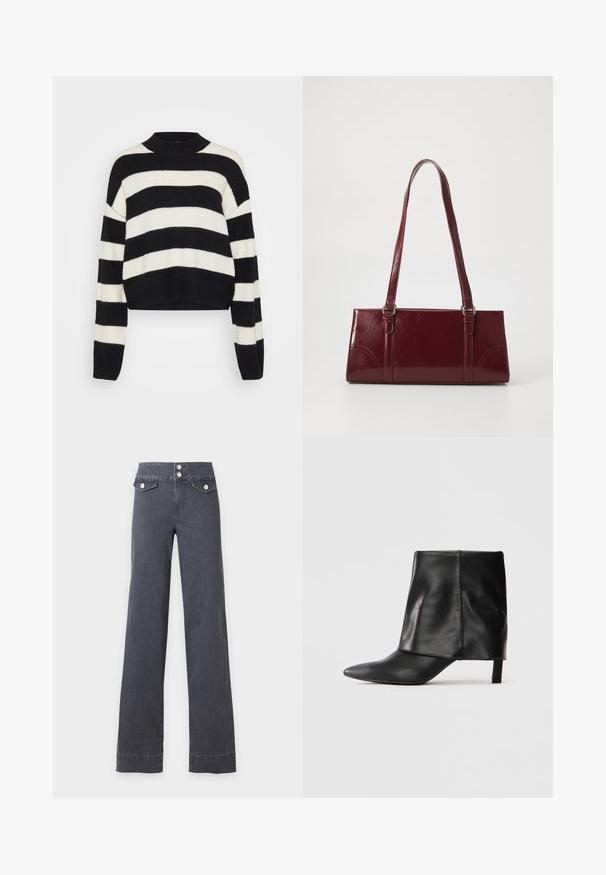 Pull court noir et blanc rayé avec une texture côtelée, présentant un col arrondi et des manches longues avec des épaules tombantes.; Jean gris foncé taille haute à jambes larges avec deux poches avant à rabat et boutons argentés sur fond uni.; Botte noire en cuir mi-mollet avec bout pointu, tige supérieure repliée et petit talon élancé, se tenant sur fond blanc.; Sac à main bordeaux en matériau brillant, de forme rectangulaire, avec deux anses et des accents légèrement courbés à l'avant.