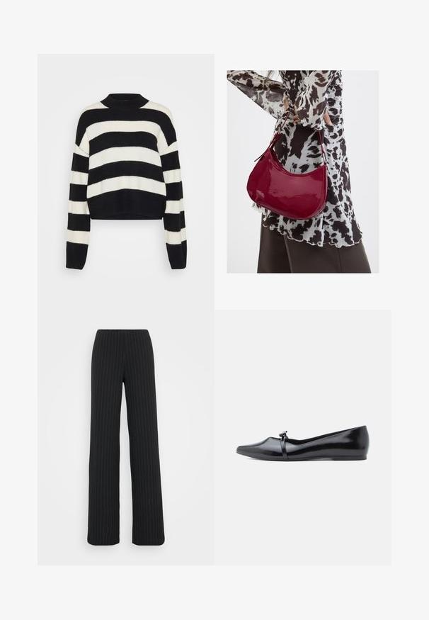 Pull court noir et blanc rayé avec une texture côtelée, présentant un col arrondi et des manches longues avec des épaules tombantes.; Vero Moda Tall VMBERLIN MY WIDE - Pantalon classique - obsidian/oatmeal; Ballerine en cuir verni noir avec bout pointu, bride décorative et texture lisse. Design minimaliste sans accents visibles.; Femme portant un chemisier à motif noir et blanc tenant un sac à main rouge brillant sur un fond uni.