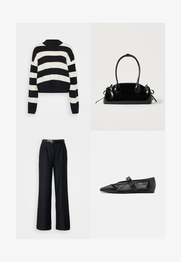 Pull court noir et blanc rayé avec une texture côtelée, présentant un col arrondi et des manches longues avec des épaules tombantes.; Pantalons larges noirs en tissu lisse, dotés de plis devant et d'une ceinture noire assortie avec une boucle en argent.; Chaussure plate noire avec un bout pointu, panneaux latéraux en maille et une sangle avec une boucle décorative. Fini lisse sur les sections du bout et du talon.; Petit sac à main noir brillant avec deux longues anses et des détails à cordon sur les côtés sur un fond clair uni.
