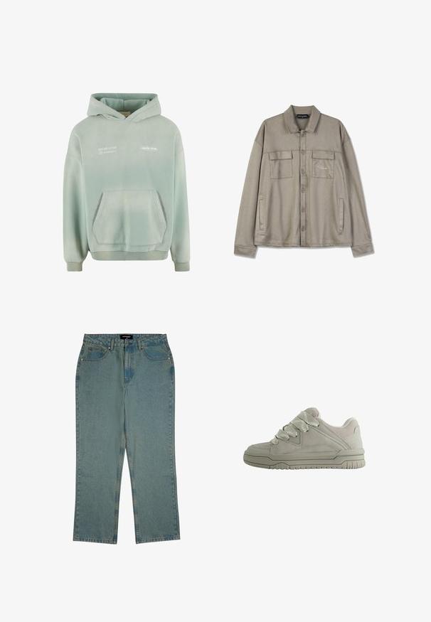 Sweat à capuche vert clair avec une poche kangourou, des poignets et un ourlet côtelés. Avec du texte imprimé en blanc à l'avant et une finition douce et texturée.; Veste chemise légère en gris clair, fabriquée en tissu lisse, avec deux poches poitrine, un logo brodé et une coupe décontractée.; Jean en denim bleu clair, coupe droite, avec cinq poches, une fermeture à bouton et une texture légèrement délavée sur l'ensemble.; Baskets basses grises avec de larges lacets texturés, col rembourré, panneaux cousus et semelle en caoutchouc rainurée pour une meilleure adhérence.