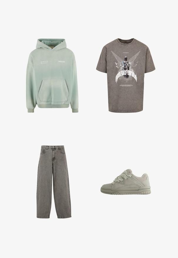 Sweat à capuche vert clair avec une poche kangourou, des poignets et un ourlet côtelés. Avec du texte imprimé en blanc à l'avant et une finition douce et texturée.; T-shirt oversized gris en coton, présentant une impression graphique d'une statue ailée et un texte stylisé sur le devant.; Pantalon en denim gris avec taille haute, jambes larges, design classique à cinq poches et fermeture à bouton à l'avant. Fini légèrement texturé.; Baskets basses grises avec de larges lacets texturés, col rembourré, panneaux cousus et semelle en caoutchouc rainurée pour une meilleure adhérence.