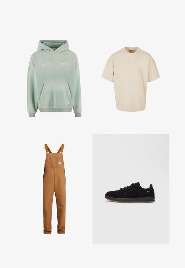 Lys grøn hættetrøje med en lomme foran, ribbede manchetter og kant. Har hvidt trykt tekst på forsiden og en blød, struktureret overflade.; Beige oversized T-shirt, lavet af blødt bomuldsstof, med rund hals og korte ærmer samt en lige nederkant. Simpelt og minimalistisk design.; Carhartt WIP BIB OVERALL DEARBORN CANVAS - Overall /Buksedragter - hamilton brown rinsed; Sorte ruskinds-sneakers med en glat gummisål, der har et lavt design, runde snørebånd og subtile syningsdetaljer.