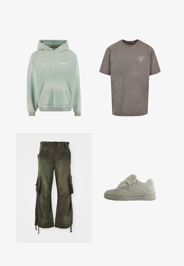 Lys grøn hættetrøje med en lomme foran, ribbede manchetter og kant. Har hvidt trykt tekst på forsiden og en blød, struktureret overflade.; Grå oversized bomulds T-shirt med rund halsudskæring, korte ærmer, slidte tekstur og hvid trykt tekst på forsiden.; Oliven grønne cargo bukser lavet af bomuld med en afslappet pasform, featuring sidelommer, lynlåse ved anklerne og snore ved kanten.; Lav-snit grå sneaker med tykke teksturerede snørebånd, polstret krave, syninger i panelerne og en rilled gummisål for greb.