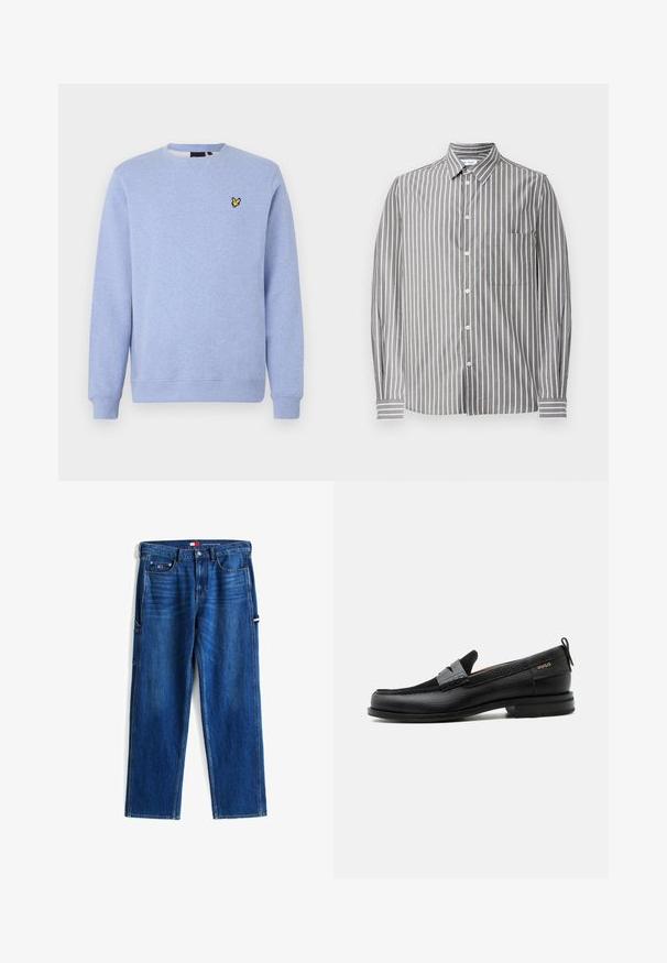 Hellblaues Sweatshirt mit Rundhalsausschnitt, gerippten Bündchen und Saum, mit kleinem gelben Vogel-Logo auf der linken Brust.; Grau-weiße gestreifte Langarmbluse mit Button-Down-Kragen, einer Brusttasche und strukturiertem Stoff.; Blaue Jeans aus Denim mit mittelhohem Bund, geraden Beinen und Seitentaschen. Verfügt über Steppdetails und ein kleines Logo-Patch am Bund.; Schwarzer Lederloafer mit grauem Riemendetail, niedrigem Absatz und strukturierter Sohle, seitlich mit „HUGO“ in Gold gebrandmarkt.