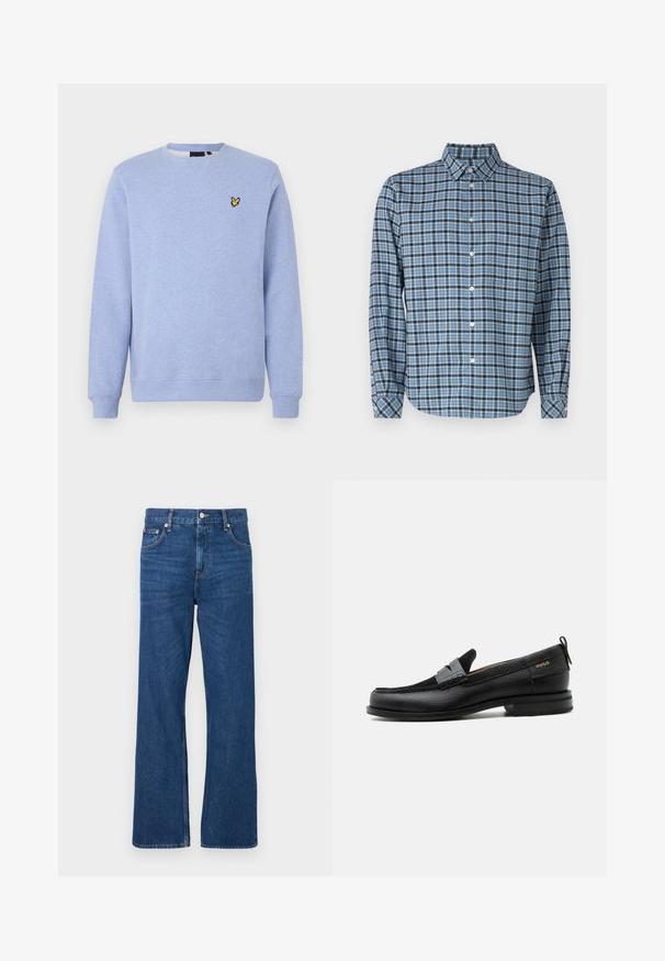 Sudadera azul claro con cuello redondo, puños y bajo acanalados, con un pequeño logo amarillo de un pájaro en el pecho izquierdo.; Camisa de botones de algodón tejido, patrón de cuadros azul y negro, de manga larga, con cuello, botones blancos y puños ajustables.; Vaqueros de mezclilla azul con un diseño de pierna ancha, con un cierre clásico de botón y cremallera, y cinco bolsillos. Textura distintiva deslavada en todo el pantalón.; Mocasín de cuero negro con detalle de tira gris, tacón bajo y suela texturizada, con la marca "HUGO" en oro en el lateral.