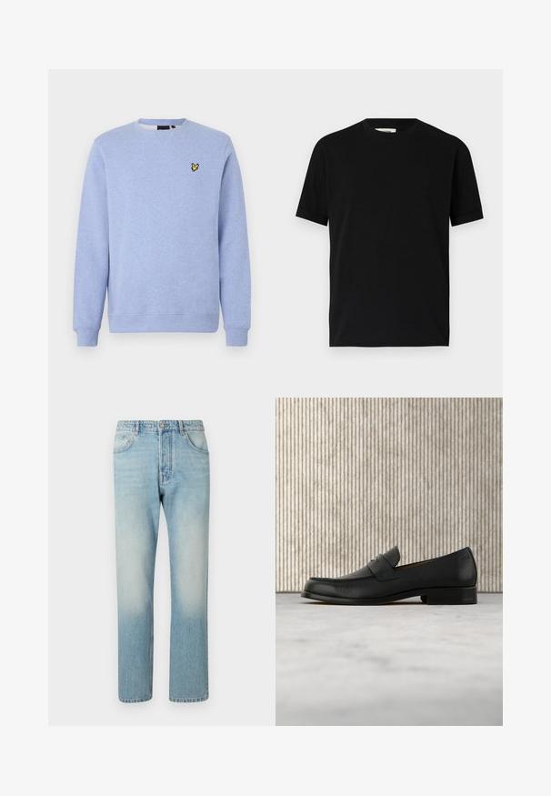 Sudadera azul claro con cuello redondo, puños y bajo acanalados, con un pequeño logo amarillo de un pájaro en el pecho izquierdo.; Camiseta negra de manga corta hecha de algodón con un cuello redondo y un corte holgado. Textura suave, sin patrones ni logotipos visibles.; Jeans de color azul claro hechos de denim, con un diseño de pierna recta, estructura de cinco bolsillos y efecto de lavado desgastado en los muslos.; Zapato mocasín de cuero negro flotando sobre una alfombra beige con una mesa redonda marrón brillante al fondo.