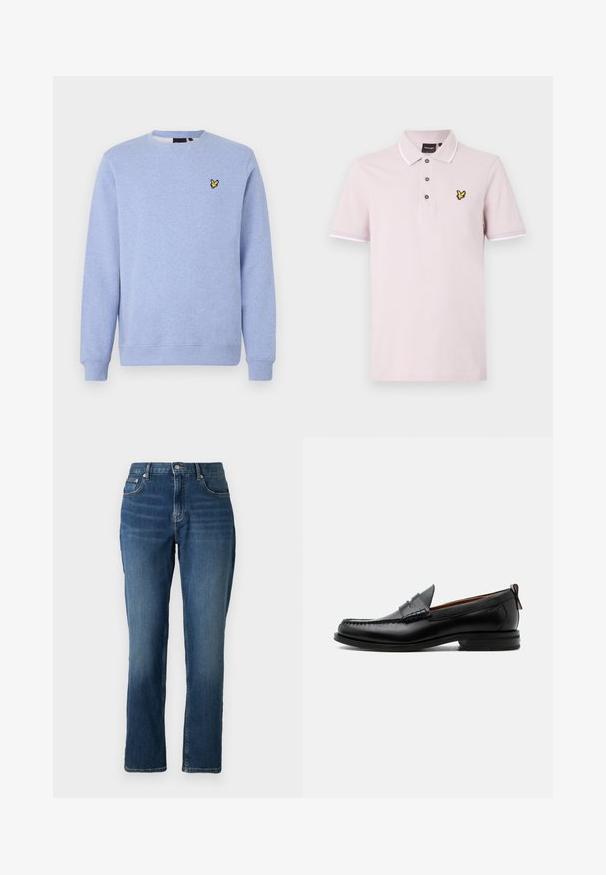 Sudadera azul claro con cuello redondo, puños y bajo acanalados, con un pequeño logo amarillo de un pájaro en el pecho izquierdo.; Polo rosa claro de manga corta con ribete blanco en el cuello y las mangas, tres botones y un pequeño logo de pájaro amarillo en el pecho.; Jeans de mezclilla azul oscuro con corte recto, diseño de cinco bolsillos, cierre de botón y cremallera, y un ligero desgaste cerca de los muslos.; Mocasín de hombre de piel negra con costura moc toe, tira penny, cuello texturizado y tacón bajo apilado sobre fondo blanco.