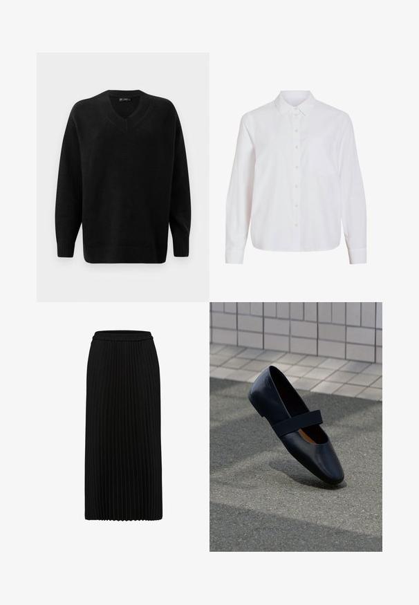 Schwarzer V-Ausschnitt-Pullover aus weichem Strickmaterial. Verfügt über lange Ärmel, gerippte Bündchen und Saum sowie ein strukturiertes Muster am Ausschnitt.; Weißes Langarmhemd, vorn zum Knöpfen, klassischer Kragen, einzelne Brusttasche, aus glattem, leichtem Stoff mit lockerem Sitz.; Schwarzer plissierter Midirock mit elastischem Bund und vertikalen Falten, vor weißem Hintergrund gezeigt.; Schwarze Leder-Ballerina mit runder Zehenpartie, ausgestattet mit einem weichen schwarzen Elastikband über dem Vorderfuß. Glatte Textur und minimalistisches Design.