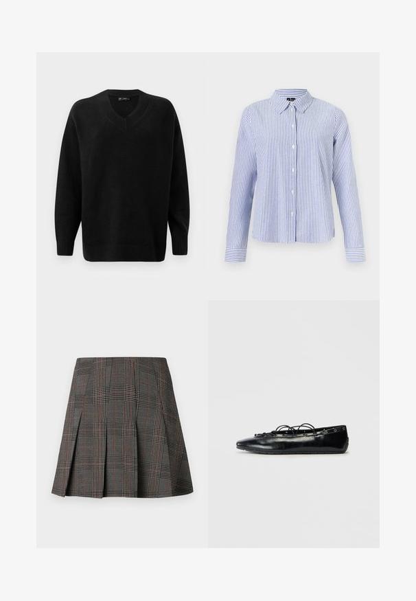 Pull noir en V fabriqué en matériau tricot doux. Dispose de manches longues, de poignets et d'un ourlet côtelés, et d'un motif texturé près du col.; Chemise à manches longues boutonnée, avec des rayures verticales blanches et bleu clair et un col pointu, présentée sur un fond uni.; Jupe à carreaux gris avec des plis, ornée de motifs complexes en noir et blanc, accentuée par de fines lignes rouges. Fabriquée dans un tissu structuré.; Bottine plate noire à bout pointu avec un laçage à l'avant et des œillets le long des bords, présentée sur un fond blanc.
