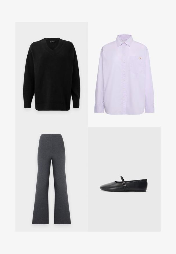 Suéter negro de cuello en V, hecho de un material de punto suave. Presenta mangas largas, puños y dobladillo acanalados, y un patrón texturizado cerca del escote.; Camisa de manga larga color púrpura claro con botones, bolsillo en el pecho izquierdo y pequeña etiqueta con el logo de Calvin Klein encima del bolsillo.; Pantalones de punto gris oscuro, de cintura alta y pierna ancha, con una textura suave, mostrados sobre un fondo blanco.; Bailarinas de cuero negro con punta afilada, suela plana y una pequeña correa con detalle de hebilla plateada.