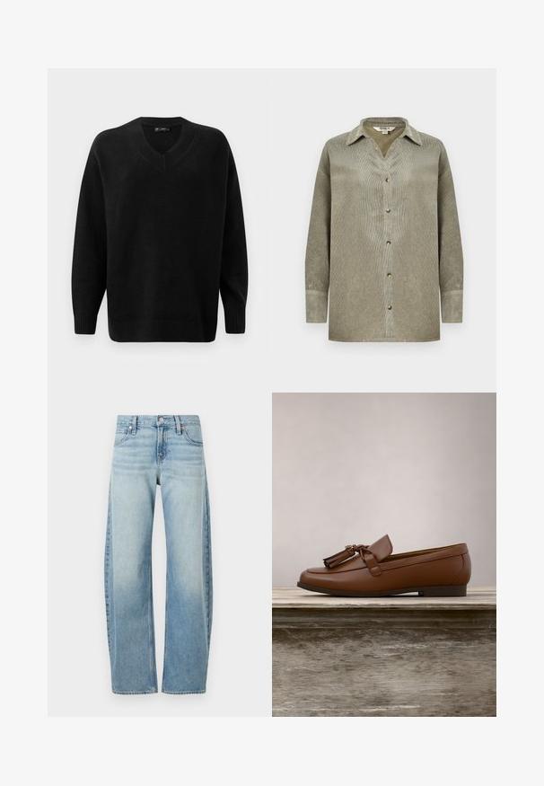 Schwarzer V-Ausschnitt-Pullover aus weichem Strickmaterial. Verfügt über lange Ärmel, gerippte Bündchen und Saum sowie ein strukturiertes Muster am Ausschnitt.; Olivengrünes Cordhemd mit Kragen, durchgehendem Knopfverschluss und langen Ärmeln. Strukturiertes Gewebe und entspannter Schnitt.; Hellblaue weite Jeans mit Fronttaschen, Gürtelschlaufen und Knopfverschluss.; Brauner Leder-Slipper mit Quasten, balanciert am Rand eines Holztisches, im Hintergrund unscharfes grünes Laub.