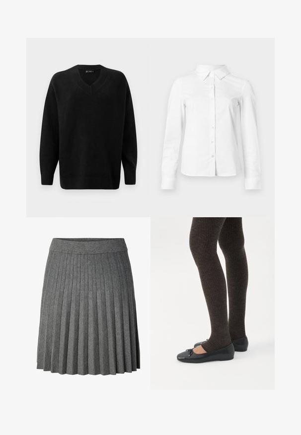 Pull noir en V fabriqué en matériau tricot doux. Dispose de manches longues, de poignets et d'un ourlet côtelés, et d'un motif texturé près du col.; Chemise blanche à manches longues avec boutons, col pointu, ourlet droit et silhouette ajustée, présentée sur un fond clair uni.; Jupe plissée gris foncé longueur genou avec une large taille élastique en tissu tricoté doux.; Jambes portant des leggings côtelés foncés associés à des ballerines noires avec de petits détails en nœud sur fond blanc.