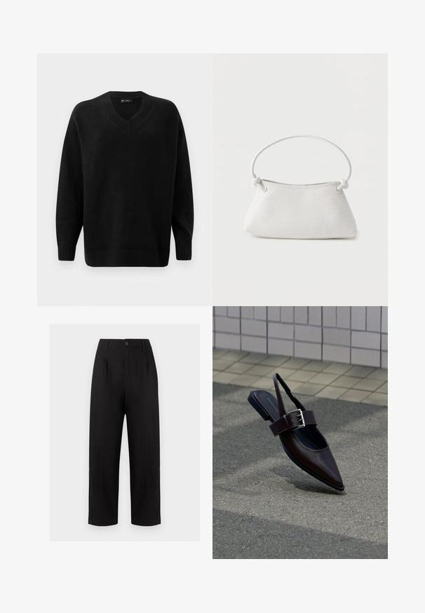 Suéter negro de cuello en V, hecho de un material de punto suave. Presenta mangas largas, puños y dobladillo acanalados, y un patrón texturizado cerca del escote.; Pantalones negros de talle alto y pierna ancha con trabillas para cinturón, cierre de botón frontal y cremallera sobre un fondo claro y liso.; Zapato plano de punta afilada color marrón oscuro con tira trasera y hebilla grande plateada sobre asfalto cerca de una pared con azulejos.; Bolso de mano de cuero blanco tejido con asa redondeada y extremos de la correa anudados, exhibido sobre un fondo liso.