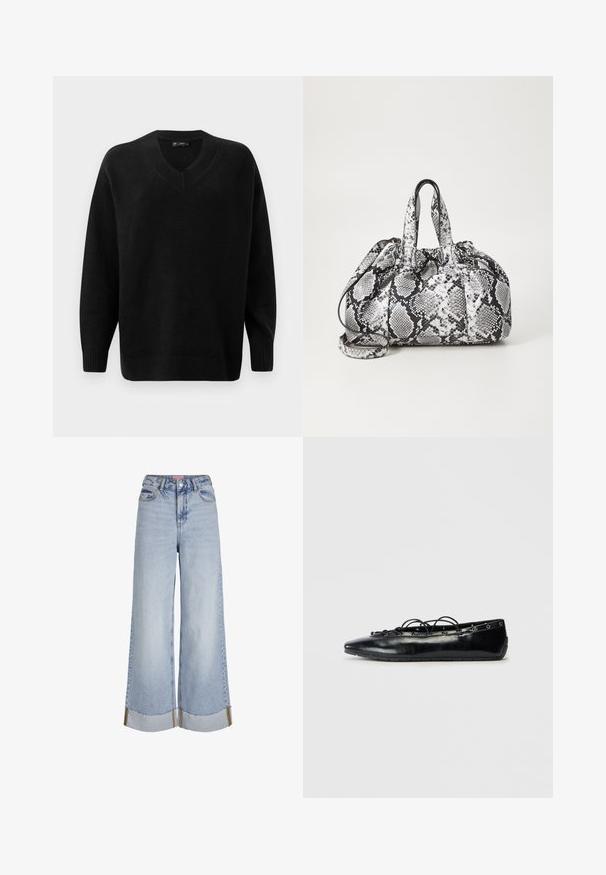 Schwarzer V-Ausschnitt-Pullover aus weichem Strickmaterial. Verfügt über lange Ärmel, gerippte Bündchen und Saum sowie ein strukturiertes Muster am Ausschnitt.; Helles Blau weite Jeans mit hoher Taille, fransigen Säumen und kontrastierenden Nähdetails, aus Denim-Stoff gefertigt.; Schwarze spitz zulaufende flache Schuhe mit Schnürung und Ösen entlang der Kanten, vor einem weißen Hintergrund präsentiert.; Schwarz-weiße Handtasche im Schlangenhautmuster mit zwei Griffen, einem Kordelzugverschluss und einem abnehmbaren Schultergurt. Glatte Textur.