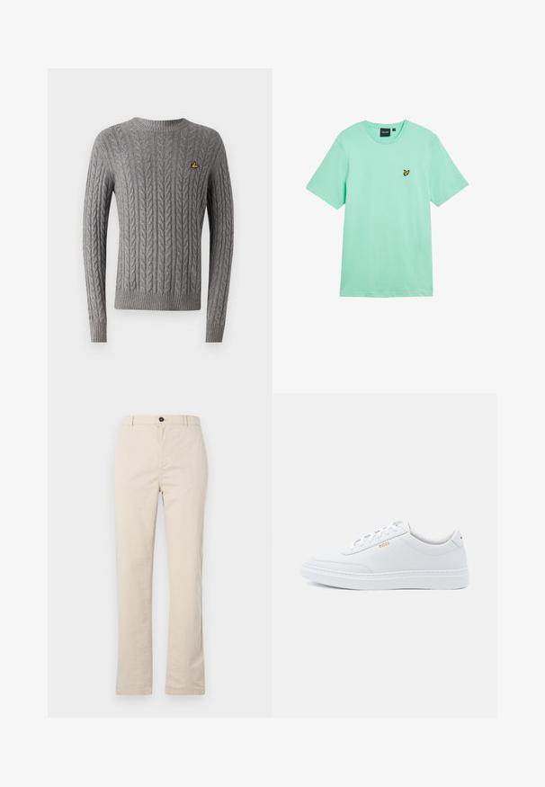 Pull en maille torsadée gris avec un col rond, des manches longues et un petit logo jaune brodé sur la poitrine. Poignets et ourlet côtelés.; T-shirt en coton vert menthe à manches courtes, col rond, avec un petit logo papillon jaune brodé sur le côté gauche de la poitrine.; Pantalons en coton beige clair avec une coupe droite, dotés d'une fermeture à bouton à l'avant, d'une braguette zippée et de détails de couture minimalistes.; Baskets blanches en cuir avec une texture lisse, bout rond et coutures tonales. Possède des lacets bleus et un logo doré sur le côté.