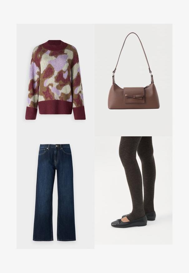 YAS Knitted YASTORIO - Pullover - port; Jeans en denim bleu foncé à jambe large, avec une fermeture éclair, un bouton, et deux poches avant avec des coutures contrastantes.; Jambes portant des leggings côtelés foncés associés à des ballerines noires avec de petits détails en nœud sur fond blanc.; Sac à bandoulière en cuir marron avec une poche à rabat avant ornée d'un détail en forme de nœud cousu et une sangle réglable.