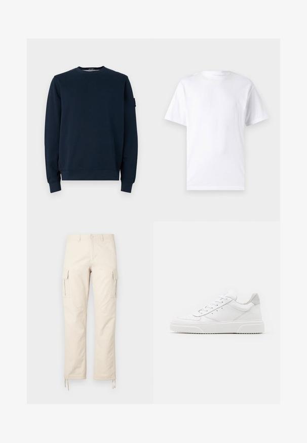 Mørkeblå sweatshirt lavet af bomuldsblanding. Har rund halsudskæring, lange ærmer, ribbede manchetter og et logo-tag på venstre ærme.; Hvid kortærmet t-shirt lavet af bomuld med rund hals, der har en glat tekstur og et simpelt design uden mønstre eller accenter.; Beige cargo bukser lavet af bomuldsblanding. Funktioner inkluderer to sidelommer, en lige ben design og justerbare snore i kanten.; Hvide lædersneakers med en glat finish, rund tå, flade snørebånd og en struktureret sål. Grå ruskindsdetalje ved hælen.