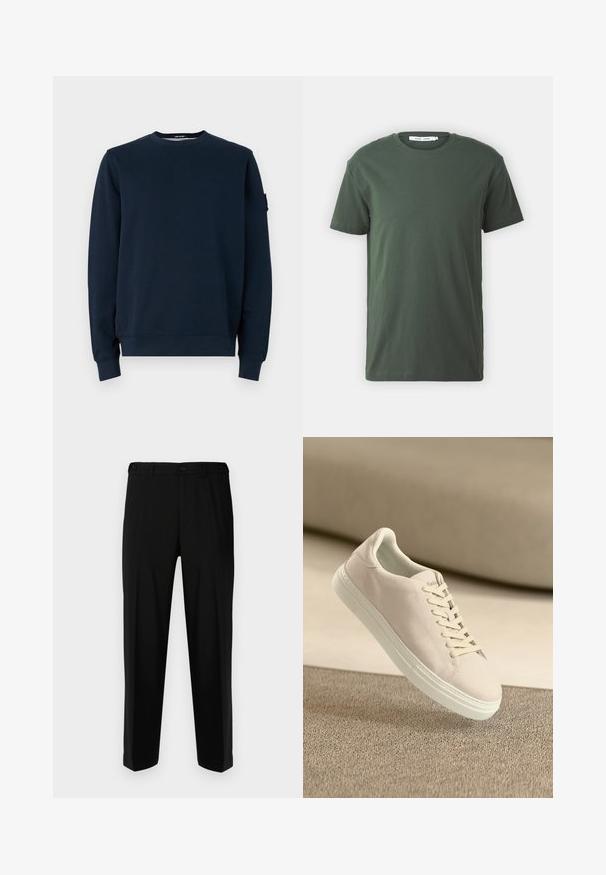 Sweatshirt bleu marine en mélange de coton. Doté d'un col rond, de manches longues, de poignets côtelés, et d'une étiquette logo sur la manche gauche.; T-shirt en coton vert foncé, à manches courtes, col rond, coupe décontractée, design uni et texture lisse sans motifs ni accents visibles.; Pantalon noir en tissu lisse, présentant une coupe droite, deux poches avant et une fermeture à glissière avec bouton.; Baskets en suède beige avec semelle et lacets blancs, présentées en suspension au-dessus d'un tapis beige texturé sur fond beige doux.