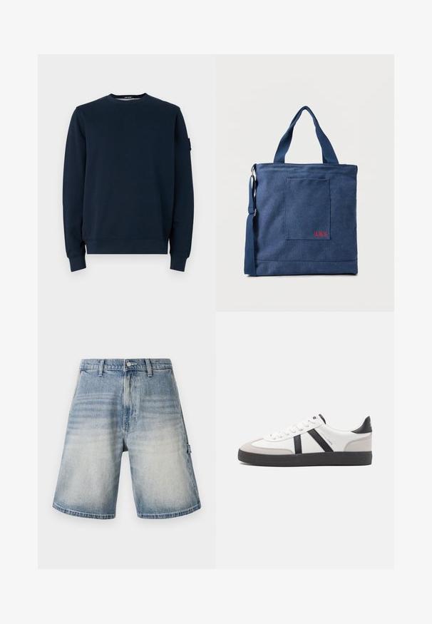 Sweatshirt bleu marine en mélange de coton. Doté d'un col rond, de manches longues, de poignets côtelés, et d'une étiquette logo sur la manche gauche.; Shorts en denim de couleur bleue délavée, coupe ample et droite. Comprend cinq poches et des passants de ceinture avec un motif légèrement usé.; Baskets blanches avec des accents noirs et gris, présentant un embout texturé gris, une semelle en caoutchouc noir et des lacets plats blancs. Design épuré, style minimaliste.; Sac fourre-tout en toile bleue avec poche frontale et broderie rouge "O.N.S", doté de doubles poignées et d'une bandoulière réglable.