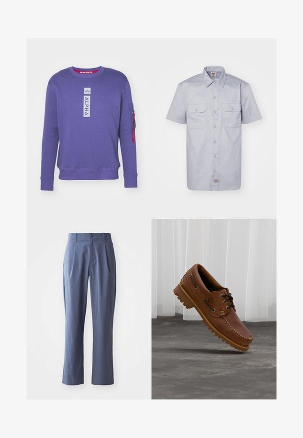 Sudadera morada con cuello redondo con el logo "ALPHA" en vertical en el pecho y bolsillo con cremallera con tira roja en la manga izquierda.; Camisa de manga corta de color gris claro, hecha de algodón, con cuello tipo punta, dos bolsillos frontales y cierre de botones.; Pantalones azul marino con pinzas, de corte recto, fabricados en tela ligera, con un cierre frontal de un solo botón y trabillas para el cinturón.; Zapato náutico de cuero marrón con cordones negros, costuras beige y una suela resistente, suspendido sobre un suelo de hormigón gris.