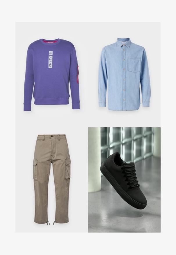 Sweat-shirt violet à col rond avec le logo "ALPHA" en vertical sur la poitrine et une poche zippée avec tirette rouge sur la manche gauche.; Chemise en denim bleu clair avec un col boutonné, des manches longues et une poche poitrine unique. Présente des accents de boutons marron et des coutures contrastantes.; Un pantalon cargo de couleur taupe atténuée, fabriqué en coton, avec des poches latérales, une coupe droite et des ourlets ajustables avec cordons de serrage.; Baskets noires mates avec semelle épaisse et lacets noirs flottant au-dessus d'un sol gris lisse, avec un mur en briques de verre et une colonne blanche en arrière-plan.