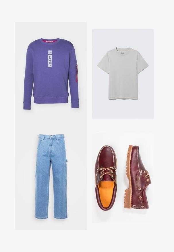 Sudadera morada con cuello redondo con el logo "ALPHA" en vertical en el pecho y bolsillo con cremallera con tira roja en la manga izquierda.; Camiseta de algodón gris claro con cuello redondo y mangas cortas, que presenta un diseño minimalista y un corte relajado. Sin estampados ni acentos.; Pantalones cargo de denim azul claro con pierna recta, bolsillos frontales y bolsillos laterales. La textura de la tela es suave con un acabado ligeramente desgastado.; Zapatos de cuero burdeos con suelas de goma marrón, puntera redonda, costuras blancas y ojales dorados. El interior cuenta con un forro amarillo.
