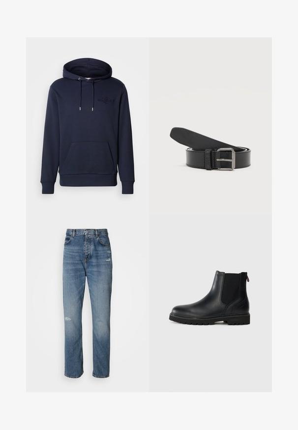 Marineblå hættetrøje lavet af en blanding af bomuld, med en frontlomme i kængurustil, justerbare snore, ribbede manchetter og præget logo-detalje.; Lyseblå denim jeans med lige ben-design, der har en knap- og lynlåslukning, fem lommer og slidte detaljer ved knæet.; Sorte læder ankelstøvler med elastiske sidepaneler, rund tå og en robust gummisål med dybe riller for bedre greb.; Sort læderbælte snoet med sølvrektangulært metalklips på en ensfarvet lys baggrund.