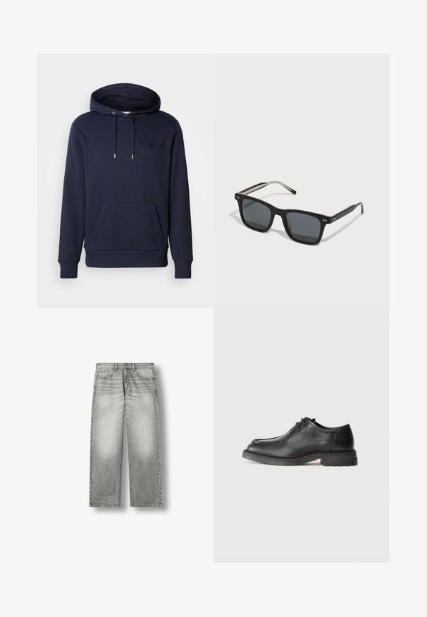 Marineblå hættetrøje lavet af en blanding af bomuld, med en frontlomme i kængurustil, justerbare snore, ribbede manchetter og præget logo-detalje.; Gråblegede straight-leg jeans med forlommer, bæltestropper og knaplukning på hvid baggrund.; Sorte lædersko med glat tekstur, rund tå og lav, præget syning. Tykk gummisål med let hæl og skridsikker mønster.; Sorte firkantede solbriller med mørke linser, plastikramme, metalaccenter og signaturlogo på bøjen. Slank design med et moderne udseende.
