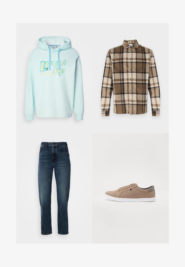Hellblaues Kapuzensweatshirt mit einem grafischen Druck "Level Up" in Gelb und Blau. Verfügt über verstellbare Kordeln und lange Ärmel.; Braunes und beiges Cordhemd mit Karomuster, mit durchgehender Knopfleiste und Kragen, langen Ärmeln und metallischen Knöpfen.; Dunkelblaue gerade Jeans mit Knopf- und Reißverschluss vorne, Fünf-Taschen-Design und subtiler Ausbleichung an Oberschenkeln und Knien.; Beige Leinensneaker mit einem Low-Top-Design, weißer Gummisohle und runden Schnürsenkeln. Mit kontrastierenden grauen Akzenten an der Ferse und einem Logo-Detail.