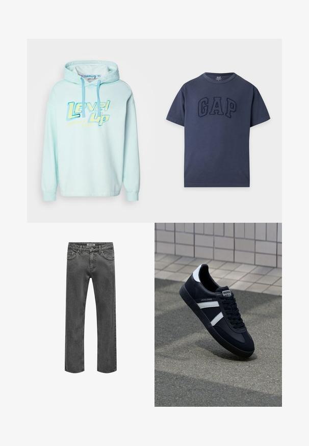 Hellblaues Kapuzensweatshirt mit einem grafischen Druck "Level Up" in Gelb und Blau. Verfügt über verstellbare Kordeln und lange Ärmel.; Marineblaues kurzärmeliges T-Shirt mit Rundhalsausschnitt und erhabenen, strukturierten "GAP" Buchstaben auf der Brust.; Herren-Jeans aus dunkelgrauem Denim mit geradem Bein, vorne mit Knopf- und Reißverschluss, Gürtelschlaufen und klassischem Fünf-Taschen-Design.; Schwarze Leder-Sneaker mit weißen Streifen, strukturiertem Gummisohle und Schnürung. Verfügt über ein Markenetikett auf der Zunge.