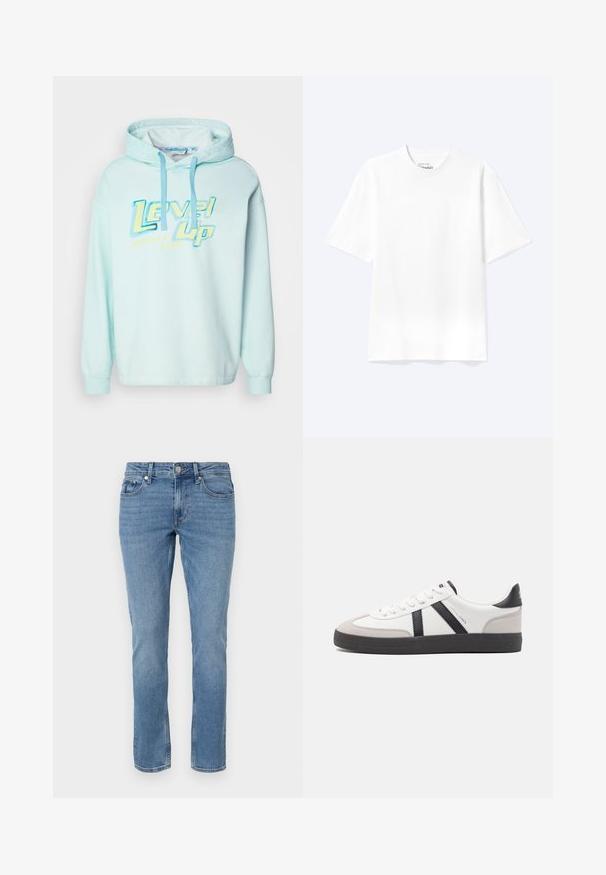 Sudadera con capucha azul claro con un estampado gráfico que dice "Level Up" en amarillo y azul. Cuenta con cordones ajustables y mangas largas.; Camiseta lisa blanca de manga corta y cuello redondo con un corte relajado, mostrada sobre un fondo claro.; Jeans de mezclilla azul de pierna recta con bolsillos delanteros, pasadores para cinturón y cierre de botón.; Zapatilla blanca con acentos en negro y gris, que presenta una puntera texturizada en gris, suela de goma negra y cordones planos blancos. Diseño limpio, estilo minimalista.