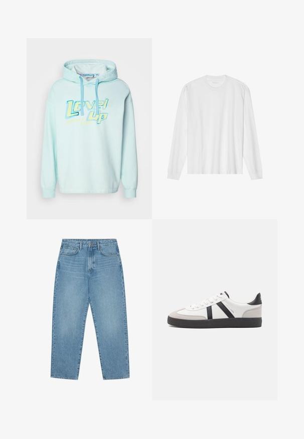 Hellblaues Kapuzensweatshirt mit einem grafischen Druck "Level Up" in Gelb und Blau. Verfügt über verstellbare Kordeln und lange Ärmel.; Weißes langärmeliges Baumwoll-T-Shirt mit Rundhalsausschnitt, mit gerippten Bündchen und geradem Saum, glatter Textur und minimalistischem Design.; Hellblaue Jeans aus Denim mit geradem Bein, Fünf-Taschen-Design und leicht verwaschener Textur. Mit Knopf- und Reißverschluss ausgestattet.; Weiße Sneaker mit schwarz- und grau-aczenten, ausgestattet mit einer strukturierten grauen Zehenkappe, schwarzer Gummi-Sohle und flachen weißen Schnürsenkeln. Sauberes Design, minimalistische Stil.