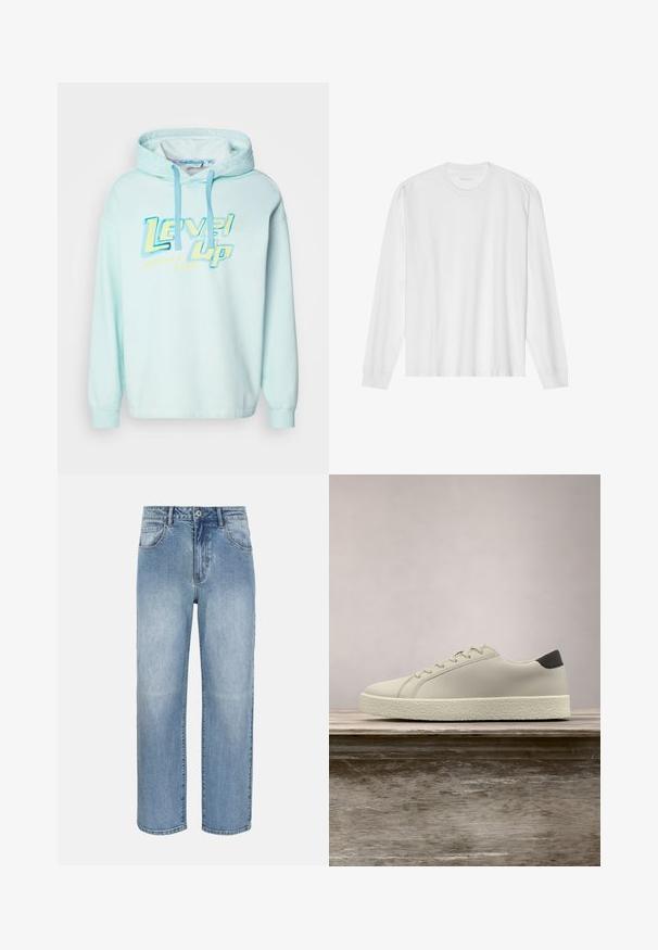 Sudadera con capucha azul claro con un estampado gráfico que dice "Level Up" en amarillo y azul. Cuenta con cordones ajustables y mangas largas.; Camiseta blanca de algodón de manga larga con cuello redondo, con puños acanalados y dobladillo recto, textura suave y diseño minimalista.; Vaqueros azul claro de corte recto con botón frontal, cierre de cremallera, trabillas para cinturón y bolsillos delanteros sobre fondo blanco.; Zapatilla blanca con suela texturizada y detalle negro en el talón, flotando sobre un banco de madera con hierba alta y verde de fondo.