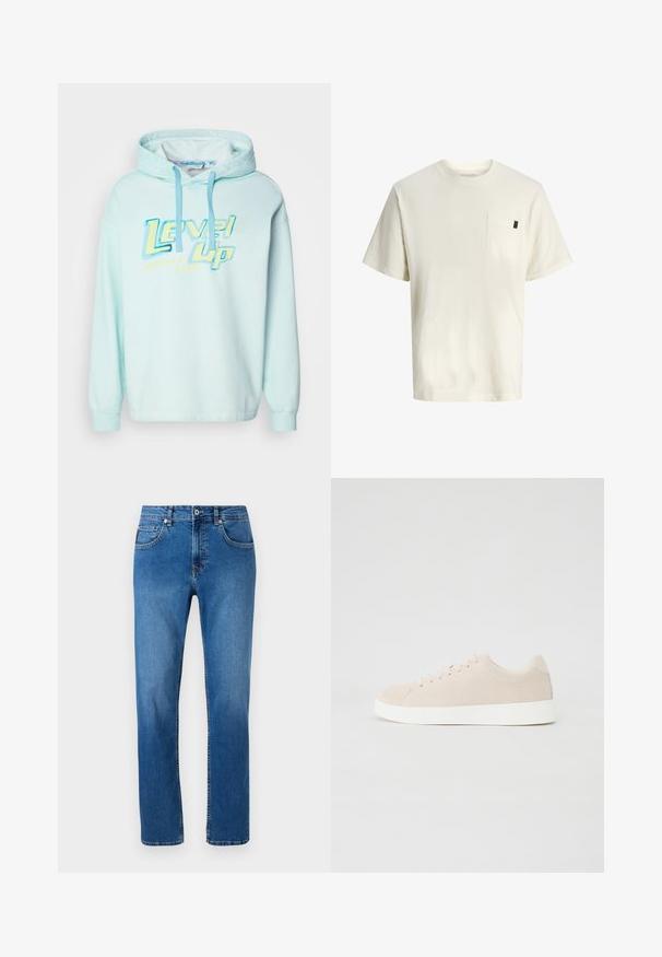 Lyseblå hættetrøje med grafisk print "Level Up" i gul og blå. Har justerbare snore og lange ærmer.; Hvid bomuld t-shirt med korte ærmer, rund hals, brystlomme foran og et lille mærke i siden. Glat tekstur og afslappet pasform.; Blå denimjeans med lige ben, der har et klassisk fem-lomme design og diskrete syninger langs sømmene.; Beige ruskindsneakers med hvide gummisåler, rund tå og seks snøringshuller. Glat tekstur med minimalisk design.