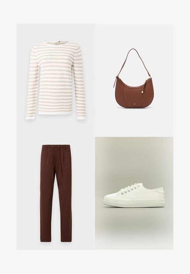 T-shirt à manches longues rayé en beige et blanc, fabriqué en tissu texturé avec un col rond et un ourlet droit.; Pantalons marron avec un devant plat, des jambes fuselées, une taille à cordon et une texture lisse. Conçus avec deux plis à l'avant pour un plus de détails.; Baskets basses blanches avec lacets blancs et semelle en caoutchouc, vues de côté sur un fond neutre.; Sac à épaule en faux cuir brun, de forme arrondie, avec des coutures minimales et un accent en matériel doré. Il possède une fermeture zippée sur le dessus et une sangle réglable.