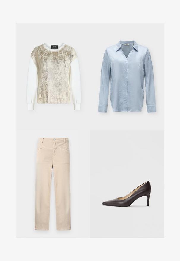 Haut blanc à manches longues avec un panneau avant texturé doré brillant et des poignets côtelés, présenté sur un fond clair uni.; Blouse longue en satin bleu clair avec un motif léopard subtil, fermeture boutonnée sur le devant et col classique sur un fond neutre.; Pantalon beige taille haute à jambes droites avec fermeture à boutons et fermeture éclair à l'avant, passants pour ceinture, et deux poches avant.; Chaussure à talon haut en cuir marron à bout pointu avec un talon fin de 7 cm, texture lisse et design minimaliste. Pas d'ornements visibles.