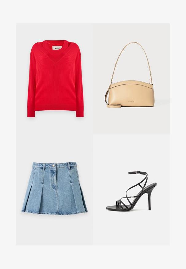 Rød ribbet sweater med v-hals design og lange ærmer. Har en let cropped pasform og struktureret strikstof.; Lyseblå denimnederdel med plisseret design, knaplukning foran og bæltestropper. Slidt tekstur med rå kantdetaljer.; Sort højhælet sandal med tynde stropper, en ankelspænde, en glat læderoverflade og en slank stilethæl.; Beige læderhåndtaske med buet topkant, guld kæde skulderrem og lille guld logo centreret foran.