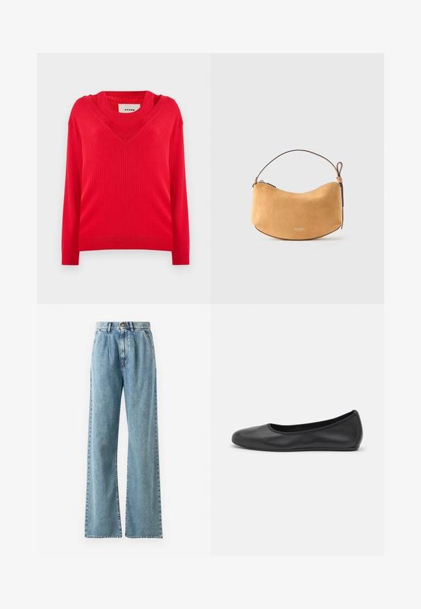 Rød ribbet sweater med v-hals design og lange ærmer. Har en let cropped pasform og struktureret strikstof.; Lysblå højtaljede bukser med bred ben i denim, med knaplukning, markante bukser og syede lommer.; Sort læderballetsko med rund tå, glat tekstur, minimal syning og et fleksibelt såldesign.; Tan ruskind skuldertaske i halvmåneform med en enkelt skulderrem og lynlås, med et lille logo på fronten.