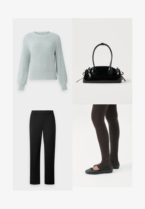 Lyseblå strikket sweater med ribbet tekstur, rund halsudskæring og raglanærmer. Har tætsiddende manchetter og en afslappet pasform ved livet.; Sorte bukser med lige ben, lavet af et glat stof med en skræddersyet talje og forlommer.; Ben iført mørke ribbede leggings kombineret med sorte balletsko med små sløjfedetaljer på hvid baggrund.; Lille sort blank håndtaske med to lange håndtag og snøre-detaljer i siden på en ensfarvet lys baggrund.