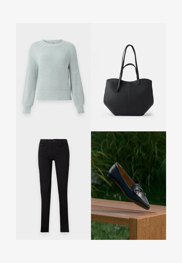 Lyseblå strikket sweater med ribbet tekstur, rund halsudskæring og raglanærmer. Har tætsiddende manchetter og en afslappet pasform ved livet.; Sorte denim skinny jeans med lav talje, forlommer og knaplukning. Har en glat tekstur og minimalistisk design.; Sort læderloafer med detaljeret sløjfe, der svæver over en træbænk med grøn græs og planter i baggrunden.; Sort tote taske med glat, struktureret læder, afrundet top og to lange håndtag. Har en vinkelret bund for stabilitet og et struktureret design.